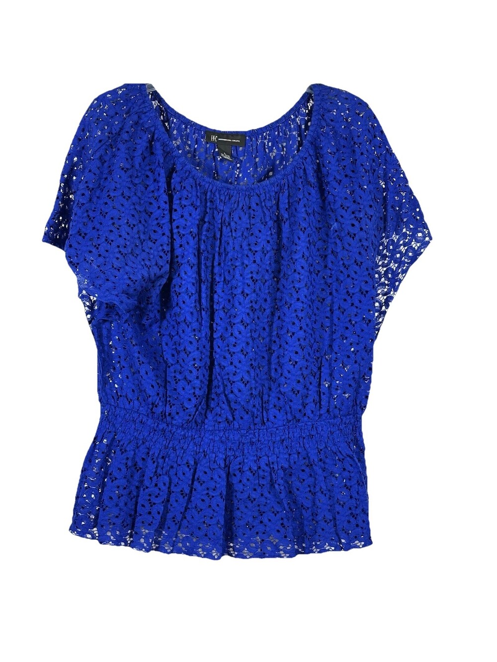 INC International Concepts Women’s L  Blue Lace Peplum Top Short Sleeve Blouse